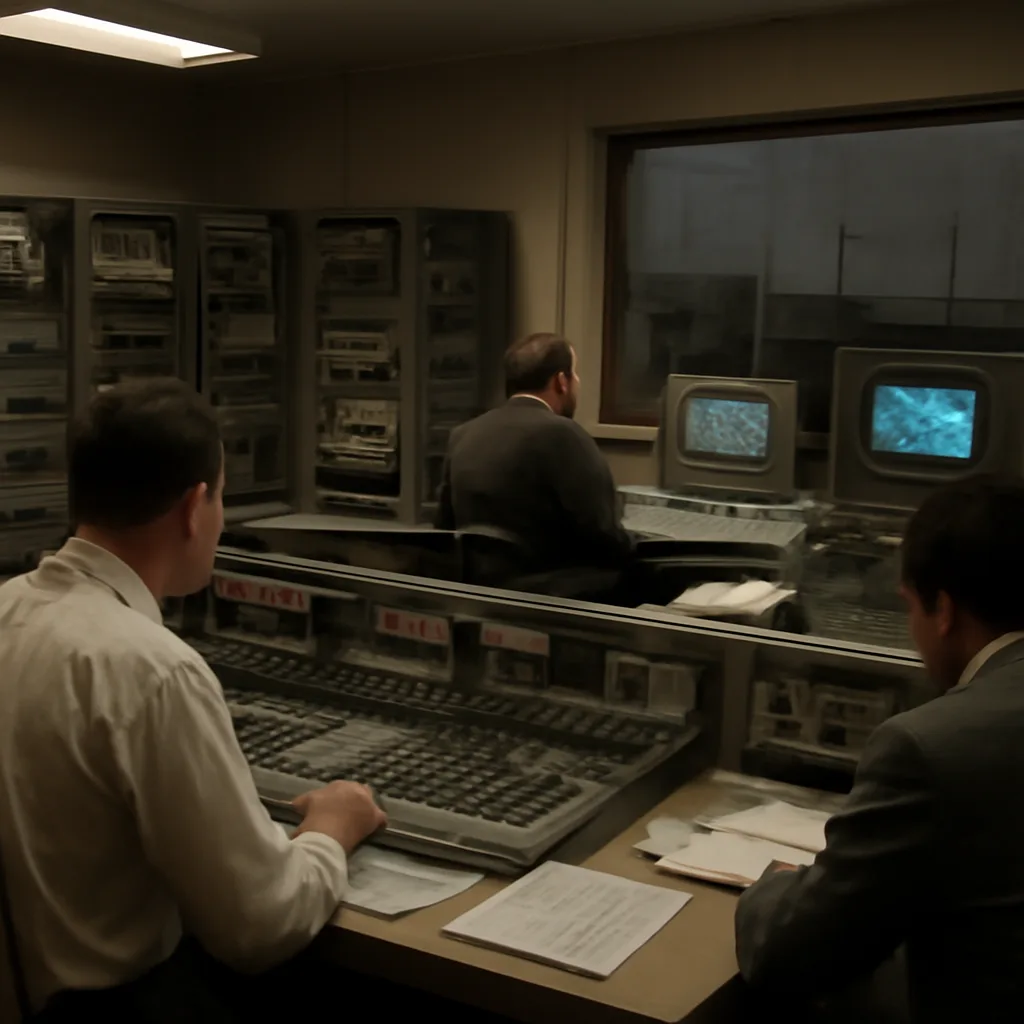 A 1960s-era radio-television control room with console equipment and technicians, representing broadcasters coordinating a nationwide emergency broadcast test.