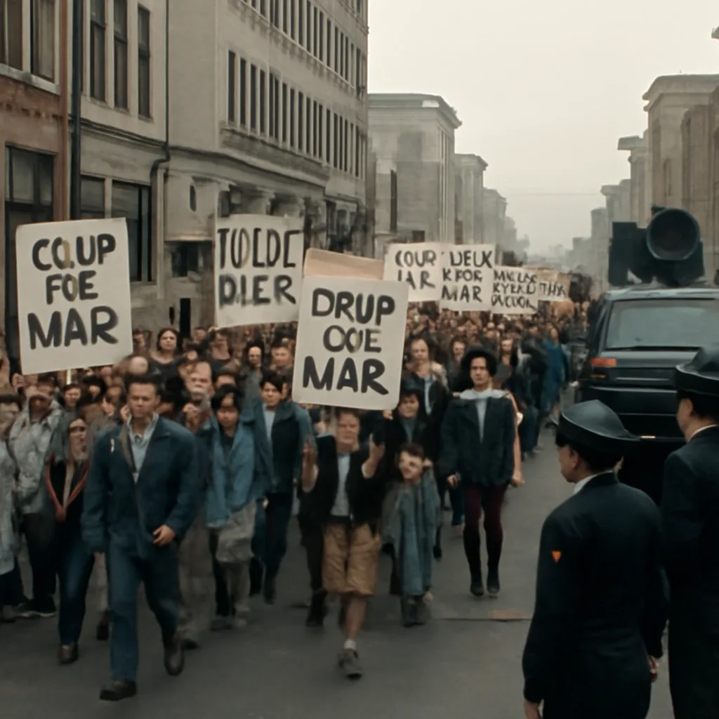 Crowd of protesters marching in an American city street in 1970 carrying banners and signs against the Vietnam War, with police and city buildings visible in the background.