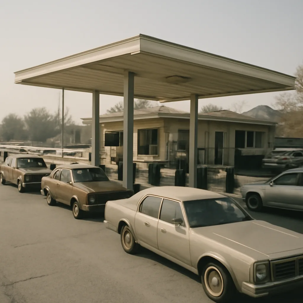 Cars queued at a suburban gas station with motorists waiting while several pumps are closed; signage shows fuel prices of the late 1970s.