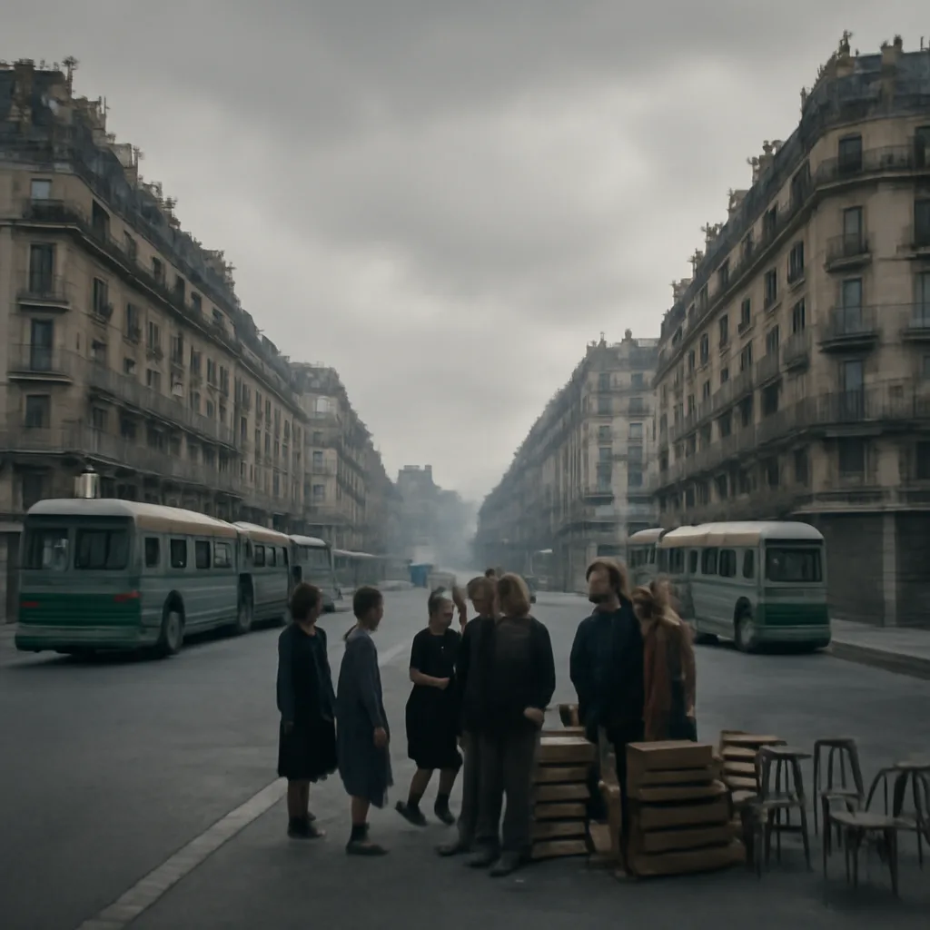 Crowded Paris street in 1968 with closed shopfronts, idle buses and groups of people conversing near a barricade of piled street furniture; atmosphere of halted city life during nationwide strikes.