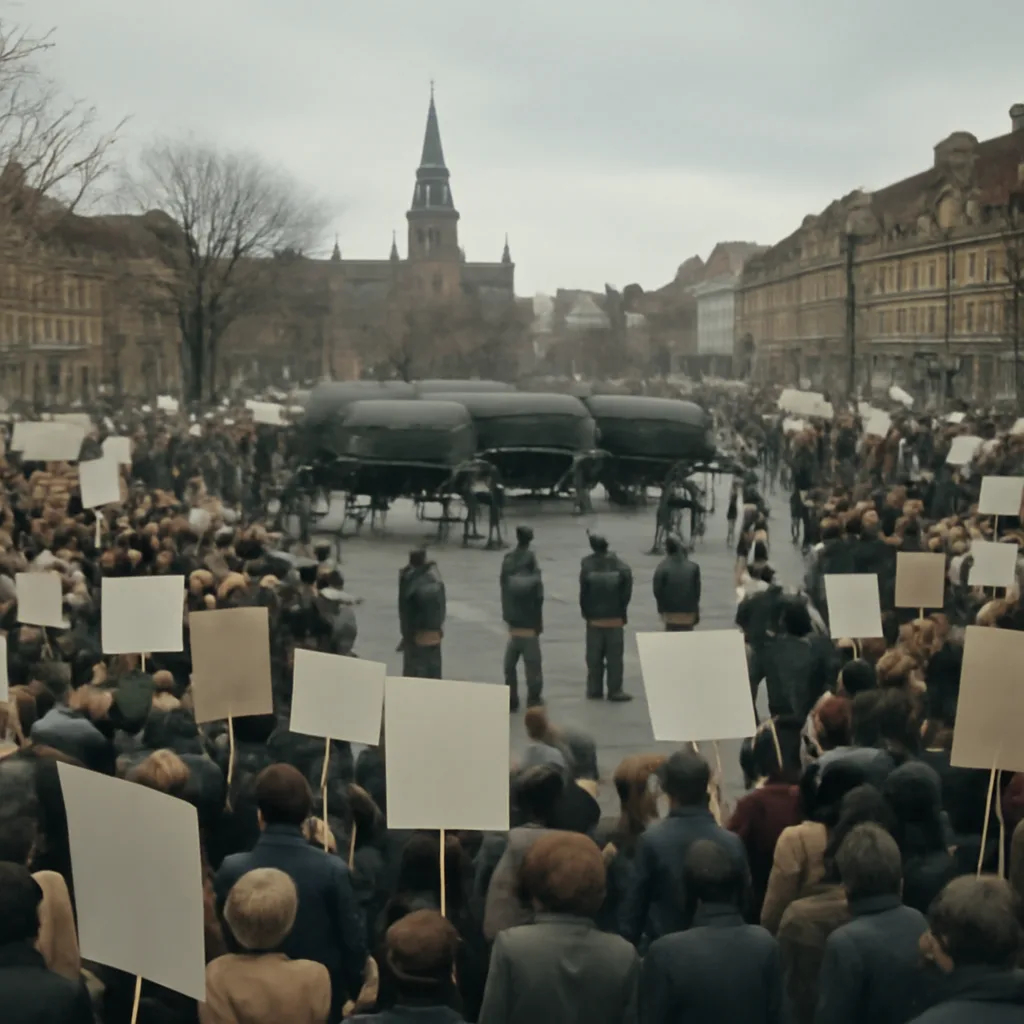 Western European town square with thousands of peaceful protestors carrying banners and placards opposing nuclear missiles; in the background, military transport vehicles and a fenced NATO missile storage area are visible at a distance.