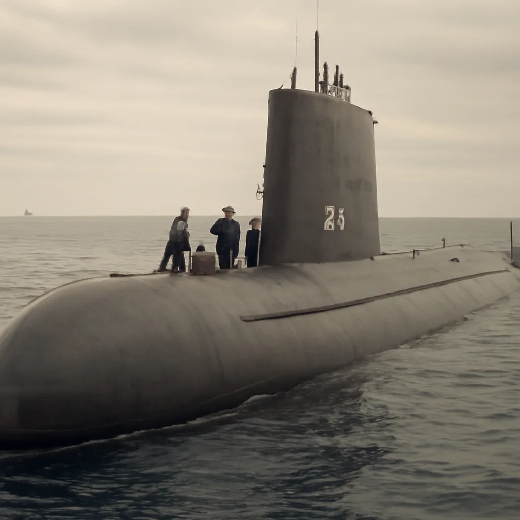 USS Nautilus (SSN-571) surfaced at sea in the 1950s, showing its conning tower and hull with sailors on deck during a routine operational patrol.