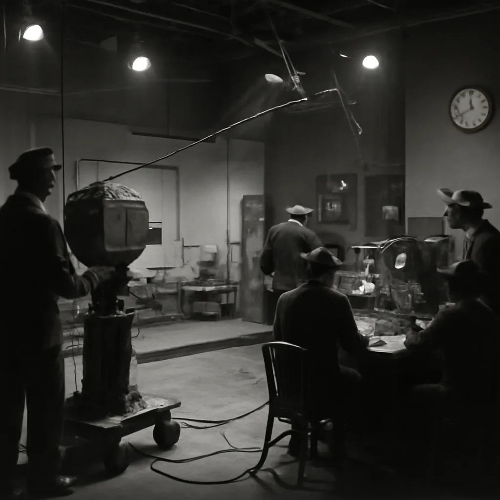 A 1940s television studio control room with camera equipment, microphones, technicians operating consoles, and a studio set; black-and-white era technology and period attire.