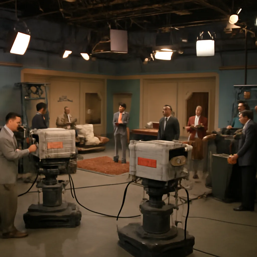 A 1950s television studio showing studio lights, cameras on pedestals, technicians and set pieces prepared for a color broadcast; cameras and equipment look mid-century, and crew wear period work clothing.