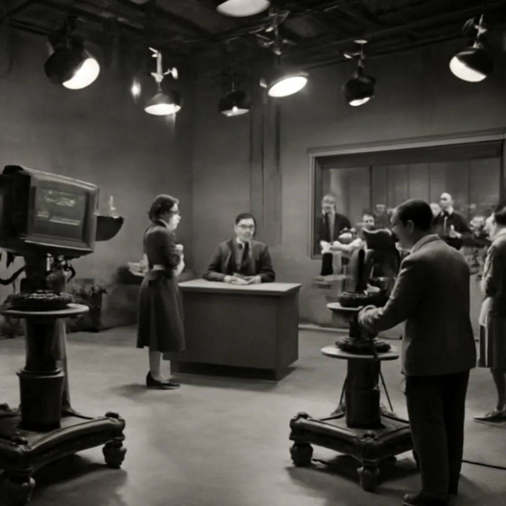 Black-and-white studio scene showing a mid-20th-century television studio with camera equipment, studio lights, control-room monitors, and technicians at work; period clothing and analog equipment visible.