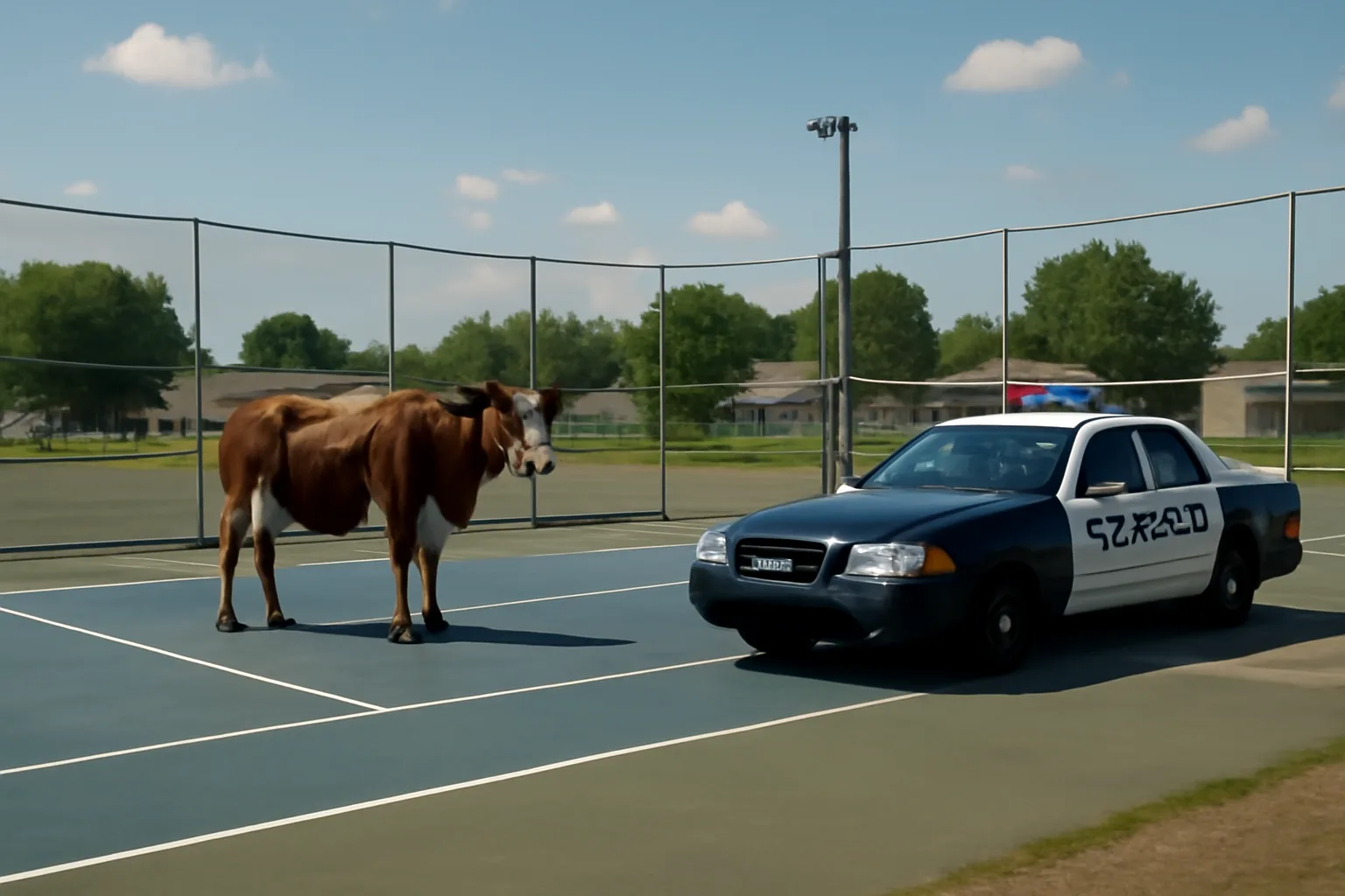 A lone cow standing on an empty high school tennis court with a police vehicle parked nearby under a clear daytime sky