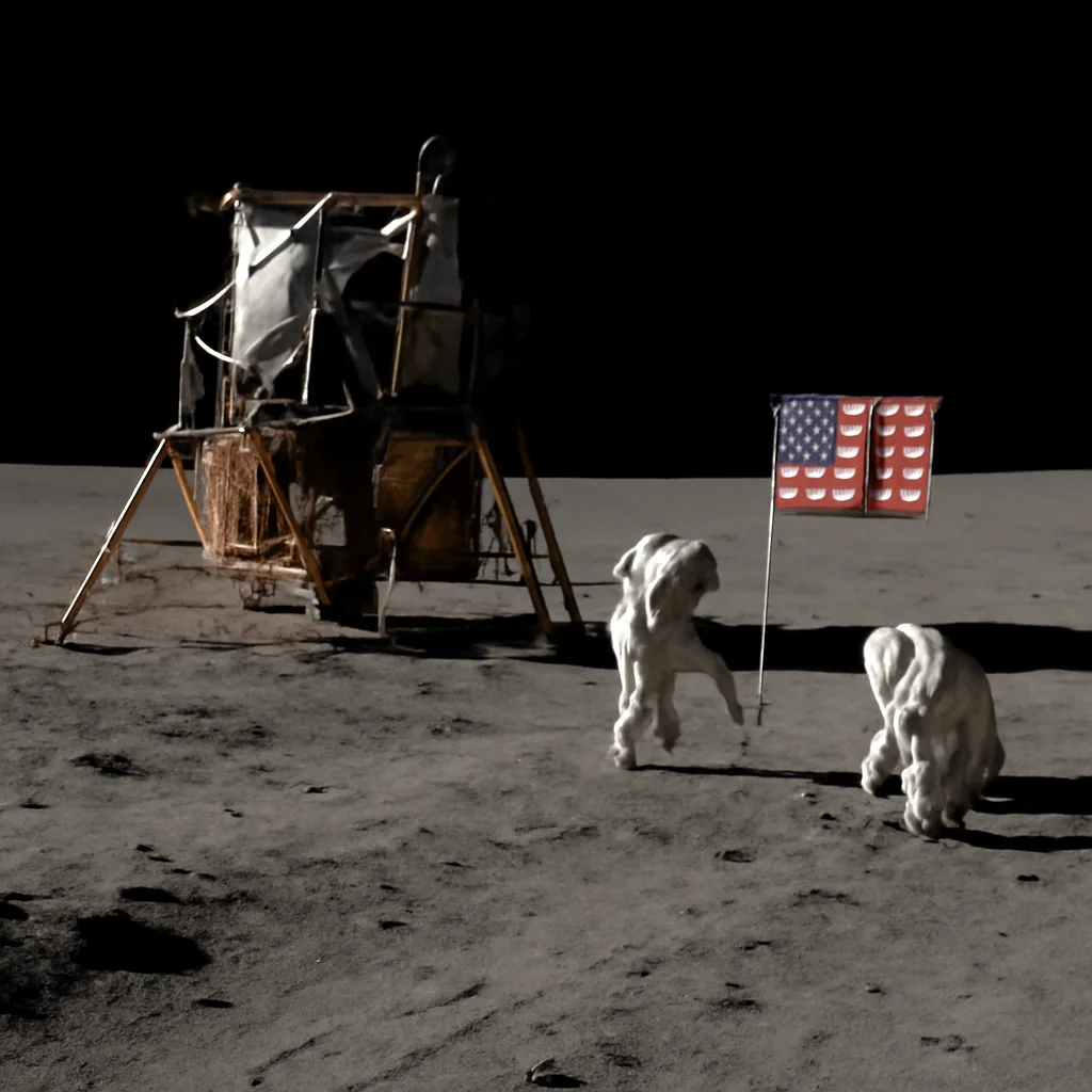 Two astronauts in Apollo-era extravehicular suits on the Moon near the Apollo 11 Lunar Module, with a desolate, rocky lunar surface and black sky.