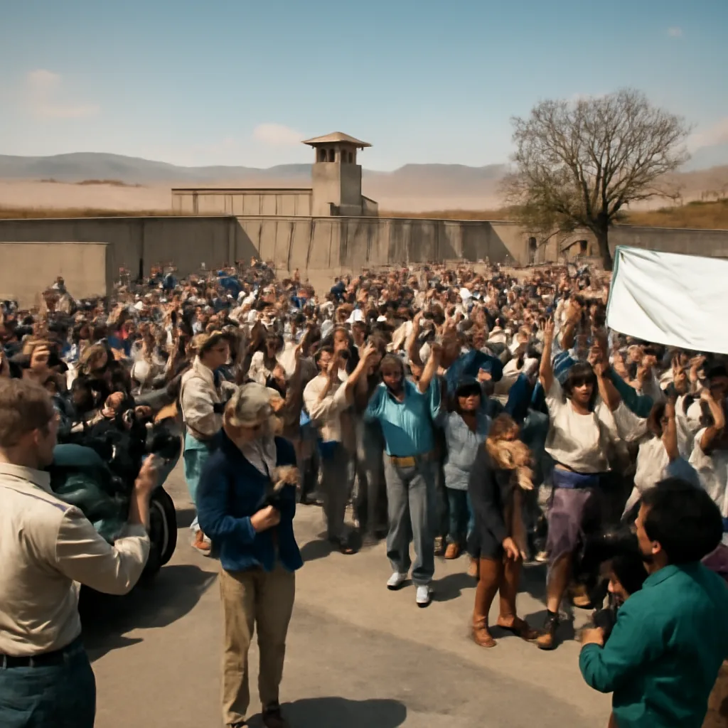 Nelson Mandela walking out of Victor Verster Prison with supporters and crowds gathered outside, 11 December 1990.