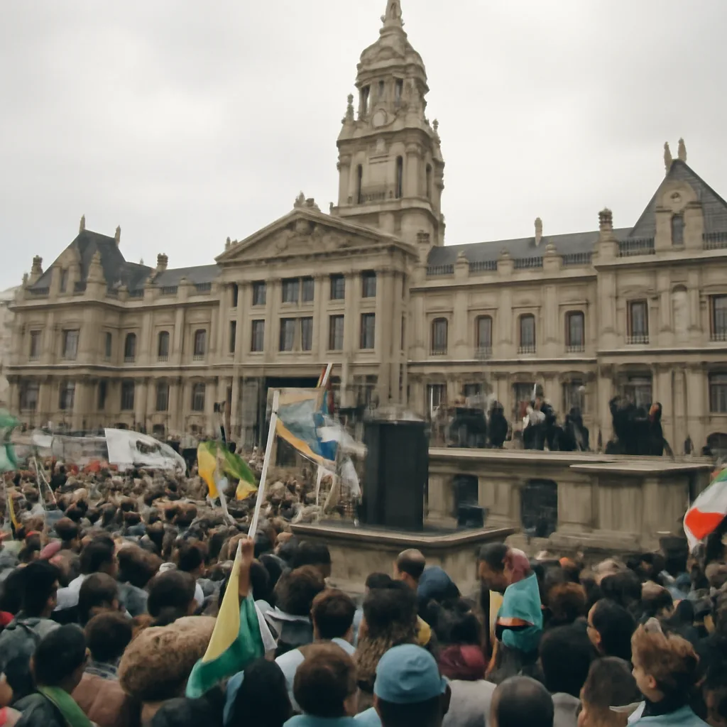 Nelson Mandela leaving Victor Verster Prison and greeting gathered supporters from the balcony of Cape Town City Hall on February 11, 1990, with a large crowd below.