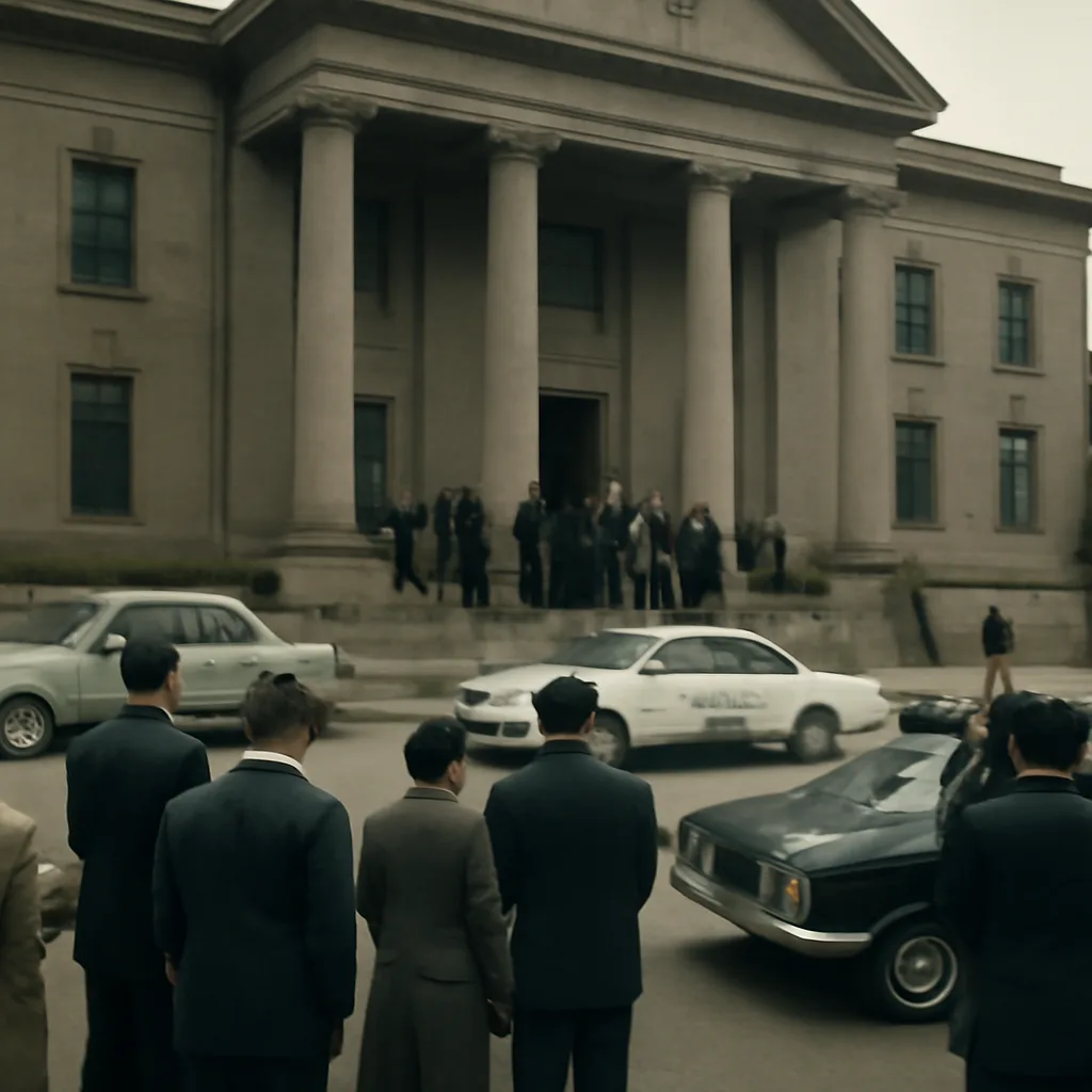Exterior view of a 1960s South African courthouse and police vehicles; period-appropriate cars parked outside and a small crowd of onlookers, conveying the public attention around the Rivonia Trial.