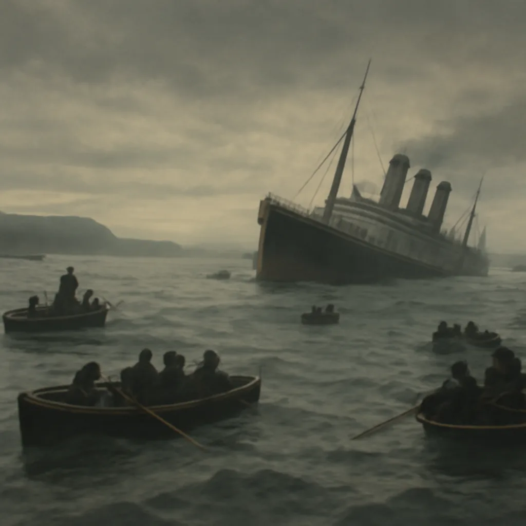 The wreck site area off the southern coast of Ireland in 1915, showing open sea, rescue craft, and lifeboats; period-appropriate steamships and small rowing boats in rough water.