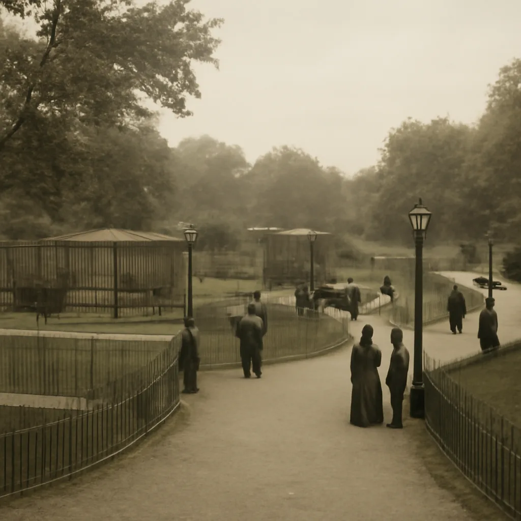 Historic view of Bronx Park landscape in the 1890s showing early zoo grounds with enclosures, paths, and period carriages; no identifiable modern features.
