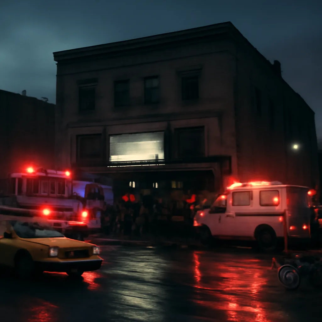 Exterior of an urban nightclub building at night with emergency vehicles parked outside and responders on scene; a somber atmosphere, no identifiable faces.