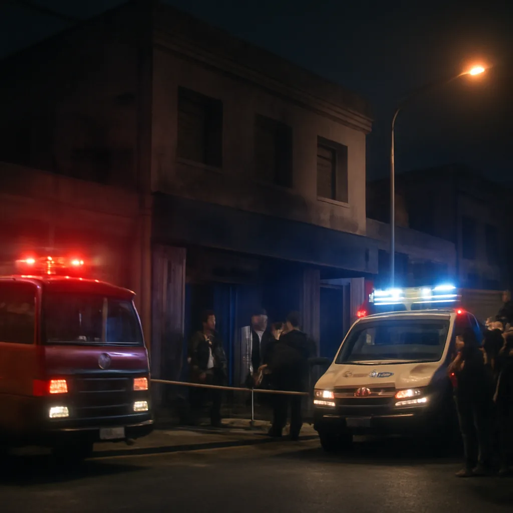 Exterior of a small urban nightclub building at night with emergency vehicles parked outside and crowd control barriers; scene conveys emergency response and somber atmosphere.