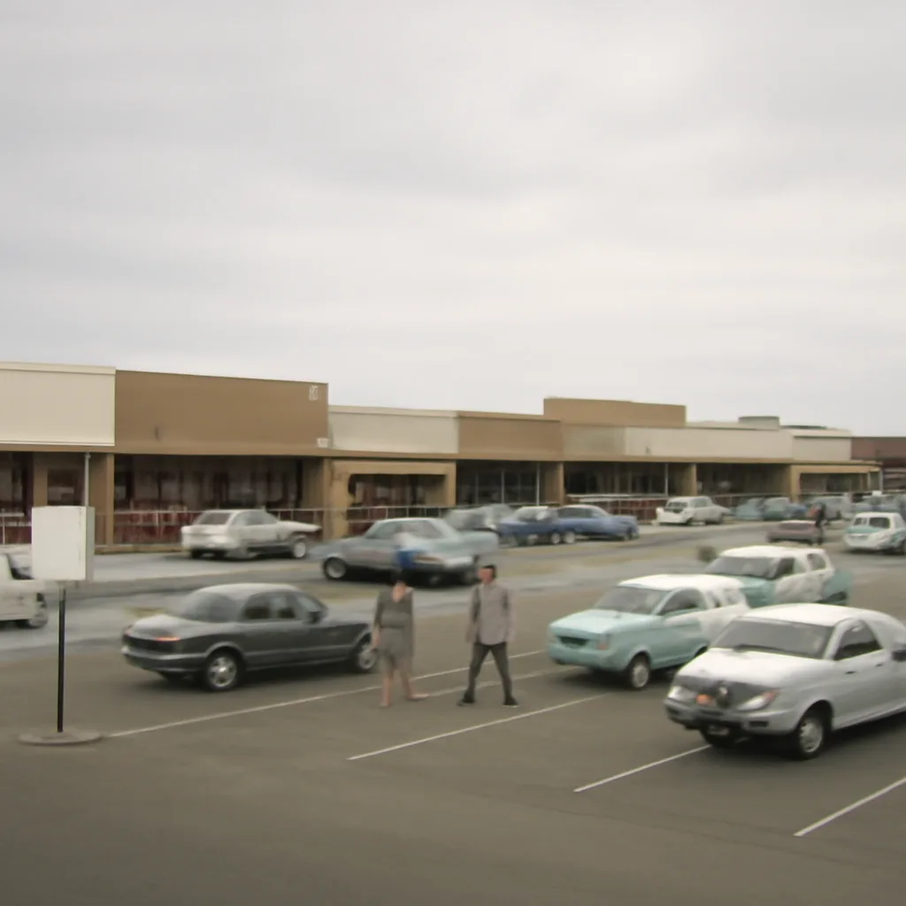Exterior view of mid-1950s Northgate Center-style shopping complex with low single-story storefronts, wide paved surface parking lot filled with period cars, shoppers walking to entrances, and signage typical of the era.