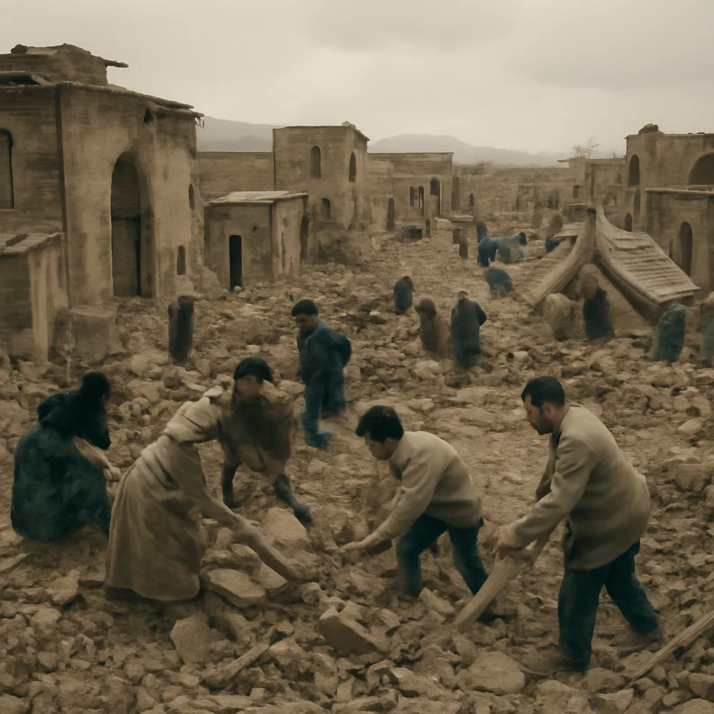 Collapsed and damaged masonry buildings in an Iranian town after an earthquake in late 1970s, with rubble-strewn streets and people assisting with recovery efforts.