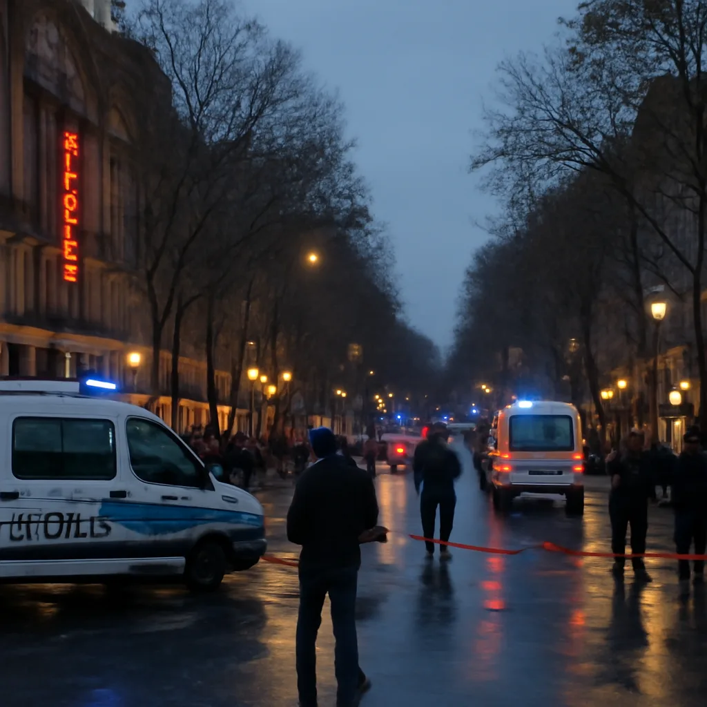 Crowd gathered near the Bataclan theatre and nearby Parisian streets at night, police presence and emergency vehicles visible, scene of November 13, 2015 attacks.