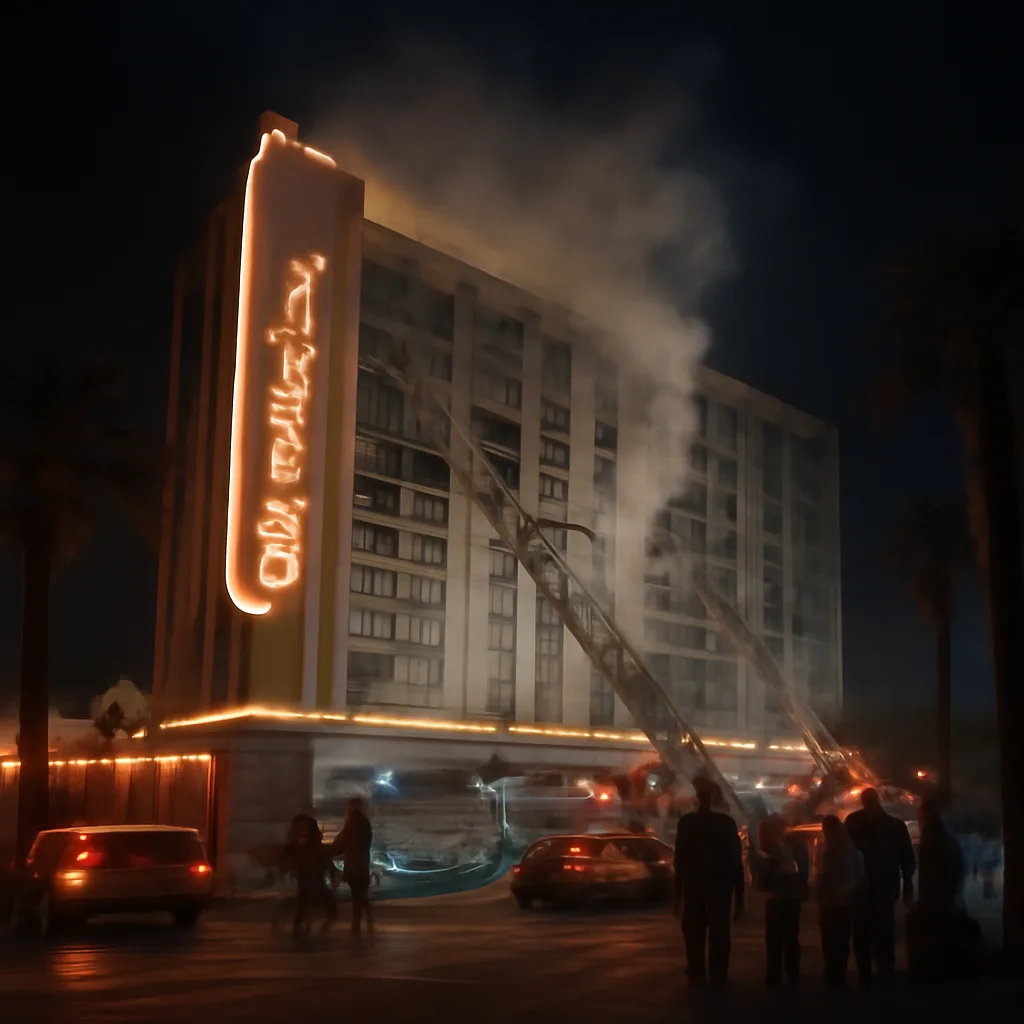 Exterior view of a large 1970s–1980s-era Las Vegas hotel at night with emergency vehicles and hoses, smoke visible around upper floors; scene conveys emergency response and evacuation without identifiable faces.