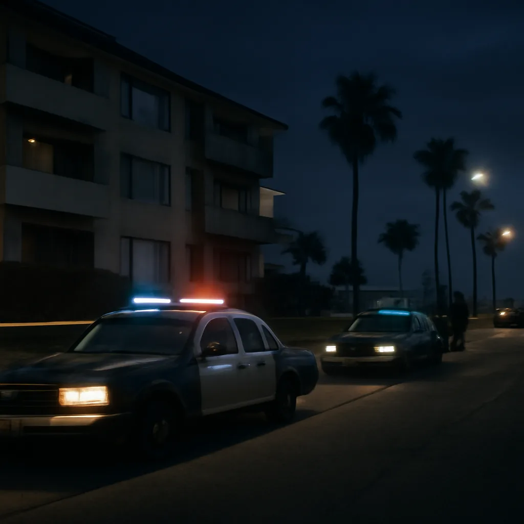 Nighttime exterior of a 1990s Los Angeles condominium complex, curbside scene with police tape and patrol vehicles, distant apartment windows lit, no identifiable faces.