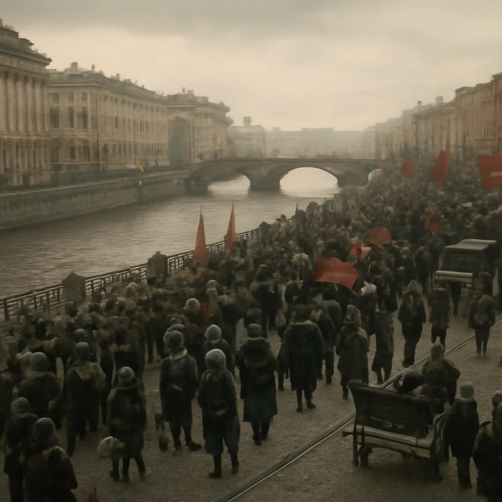 A broad street scene in Petrograd, 1917: soldiers and Red Guards taking positions near government buildings and bridges during the Bolshevik uprising.