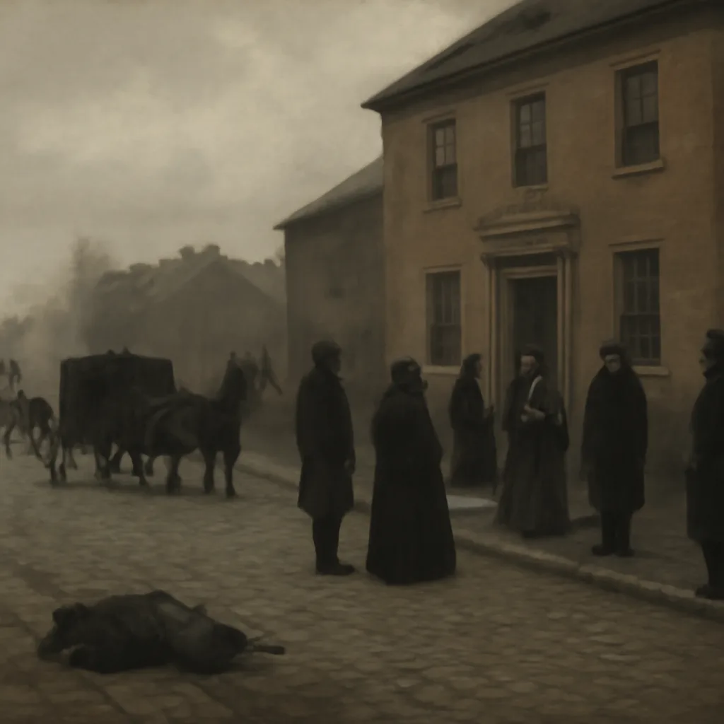 19th-century Baltimore street near a hospital, showing a horse-drawn carriage and passersby in period clothing; somber overcast sky