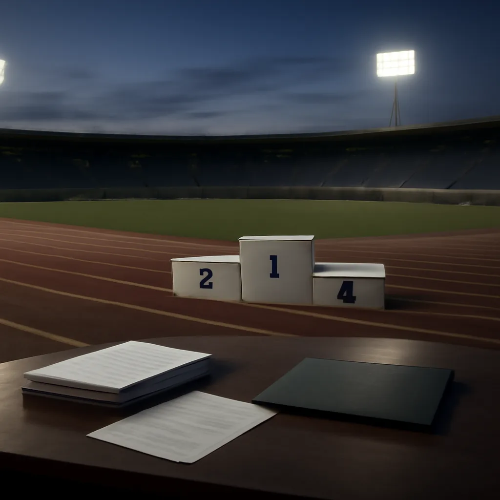 Track and field stadium podium and lanes with empty gold medal stand and official documents on a table nearby, suggesting result revisions.