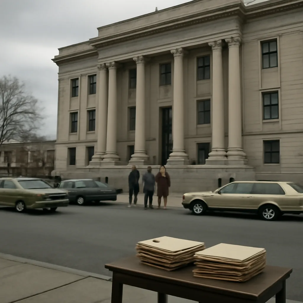 1970s courtroom exterior and courthouse documents from a civil lawsuit alleging medical experimentation, photographed in black-and-white style.