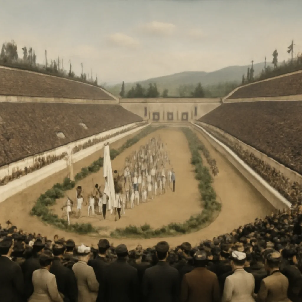 Panathenaic Stadium in Athens filled with spectators in late 19th-century dress during the 1896 Olympic opening, with athletes and officials on the track area.