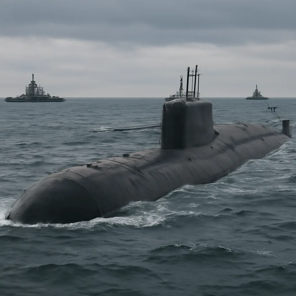 A large Soviet-era Oscar-class submarine at sea during a naval exercise; low, grey hull with missile compartment silhouette and escort ships on the horizon under overcast sky.