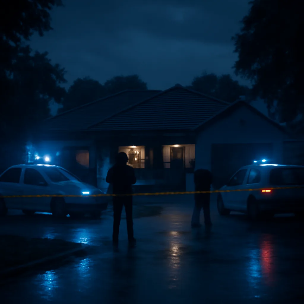 Exterior of a suburban Pretoria house at night with police tape and subdued lighting, representing the scene of a 2013 shooting; no identifiable faces.