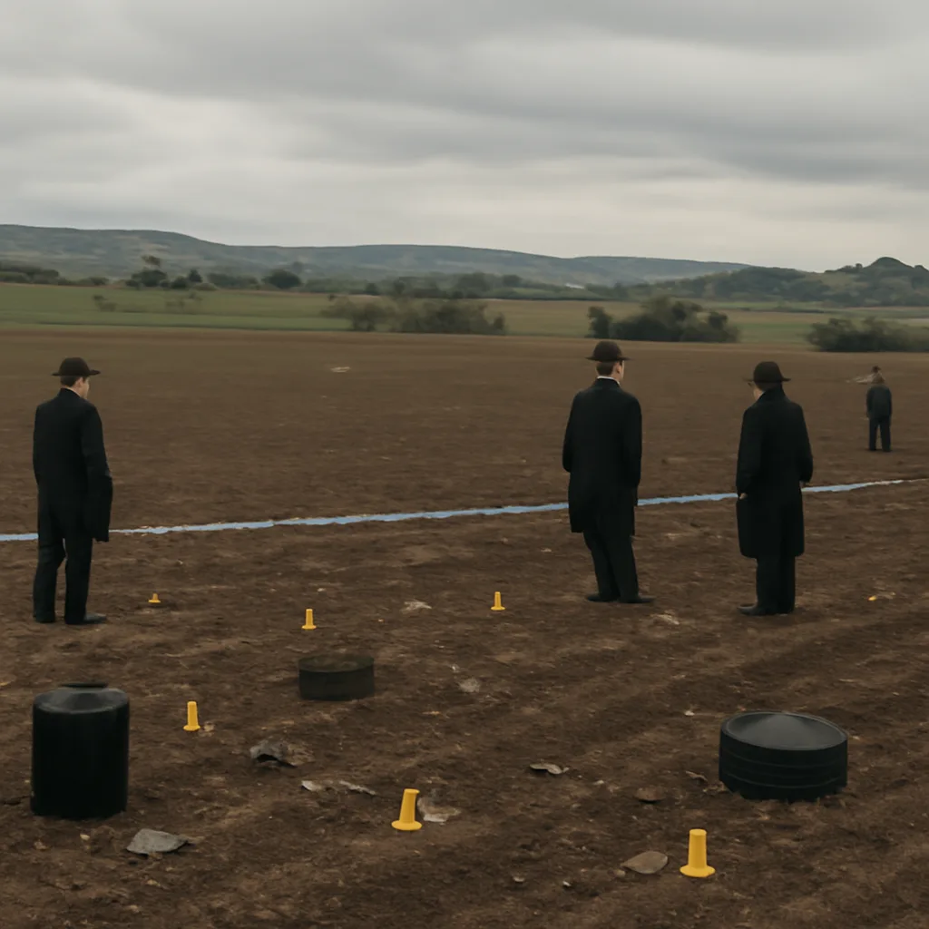 Rural landscape near Lockerbie showing wide agricultural fields and scattered debris fragments; overcast sky and investigators and police tape at a distant scene (no identifiable faces).