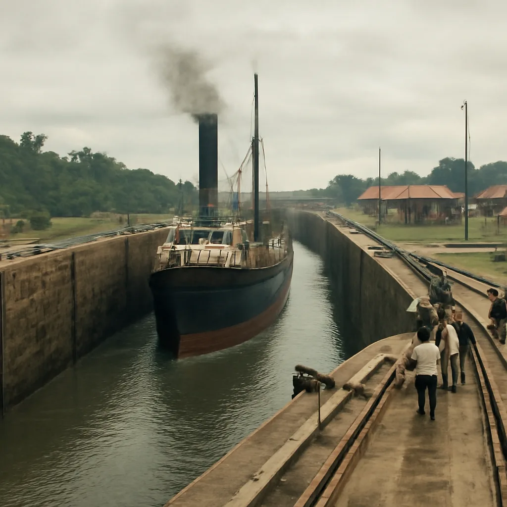 Early 20th-century view of a cargo steamship transiting the Panama Canal locks with construction-era buildings and tropical vegetation along the lock walls.