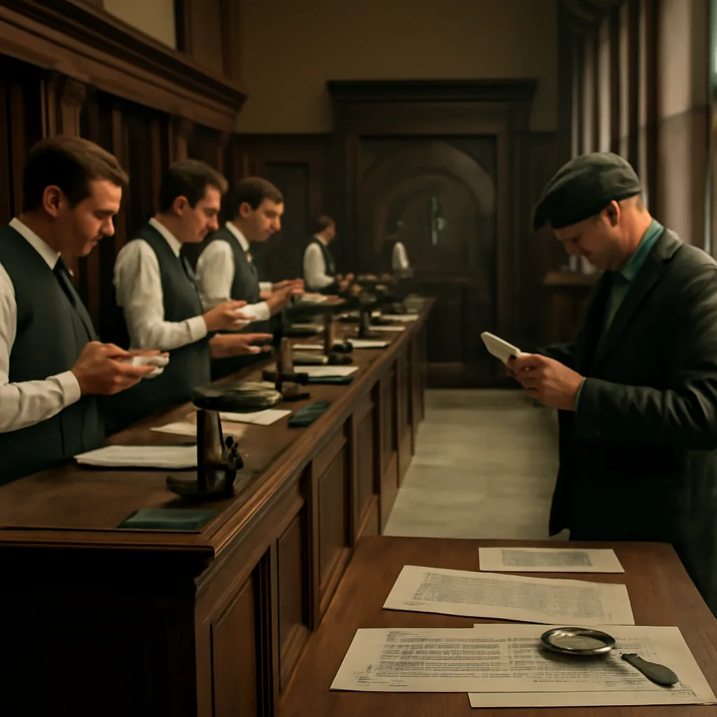 Early 20th-century bank interior with clerks examining banknotes and a notice pinned to a wall warning about counterfeit currency.