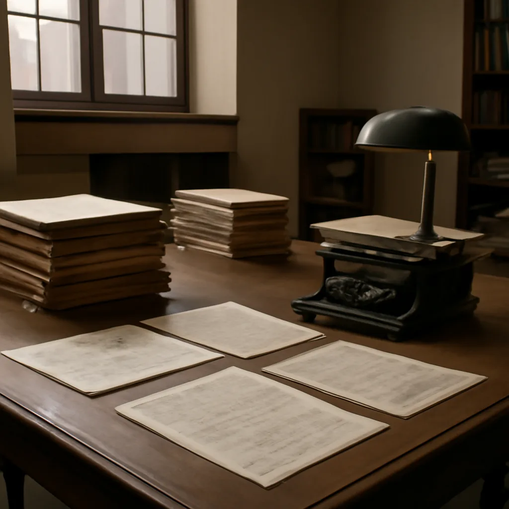 Stacks of archival folders and declassified government documents with stamped dates, on a table in a reading room; no identifiable people shown.