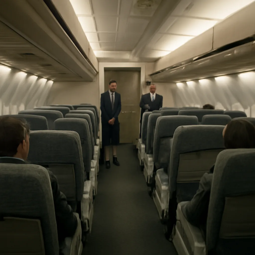 Interior of a late-1980s narrow-body jet cabin with passengers seated; overhead bins closed, cabin lighting on, showing a routine in-flight scene shortly after an in-flight incident.