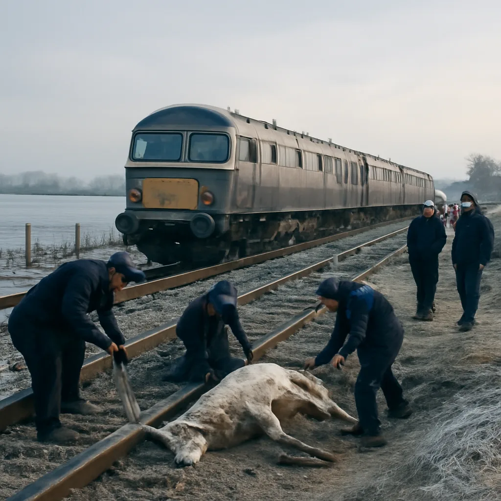 Winter railway scene in the 1960s: a diesel or steam passenger locomotive stopped beside damaged track with workmen and emergency responders nearby; a cow carcass wrapped or being removed at the trackside; snow or frost on the ground.