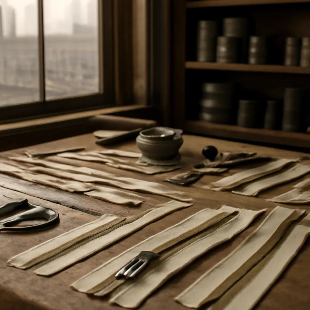 Early 20th-century workshop table with metal zipper teeth on fabric tape, a hand-operated slider, and simple machinery parts, circa 1910s.