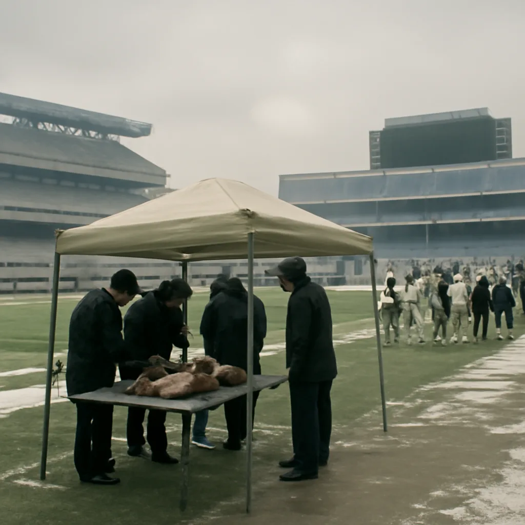Gillette Stadium field on a cold January day, with referees and officials inspecting footballs on the sideline during the Patriots vs. Colts game.