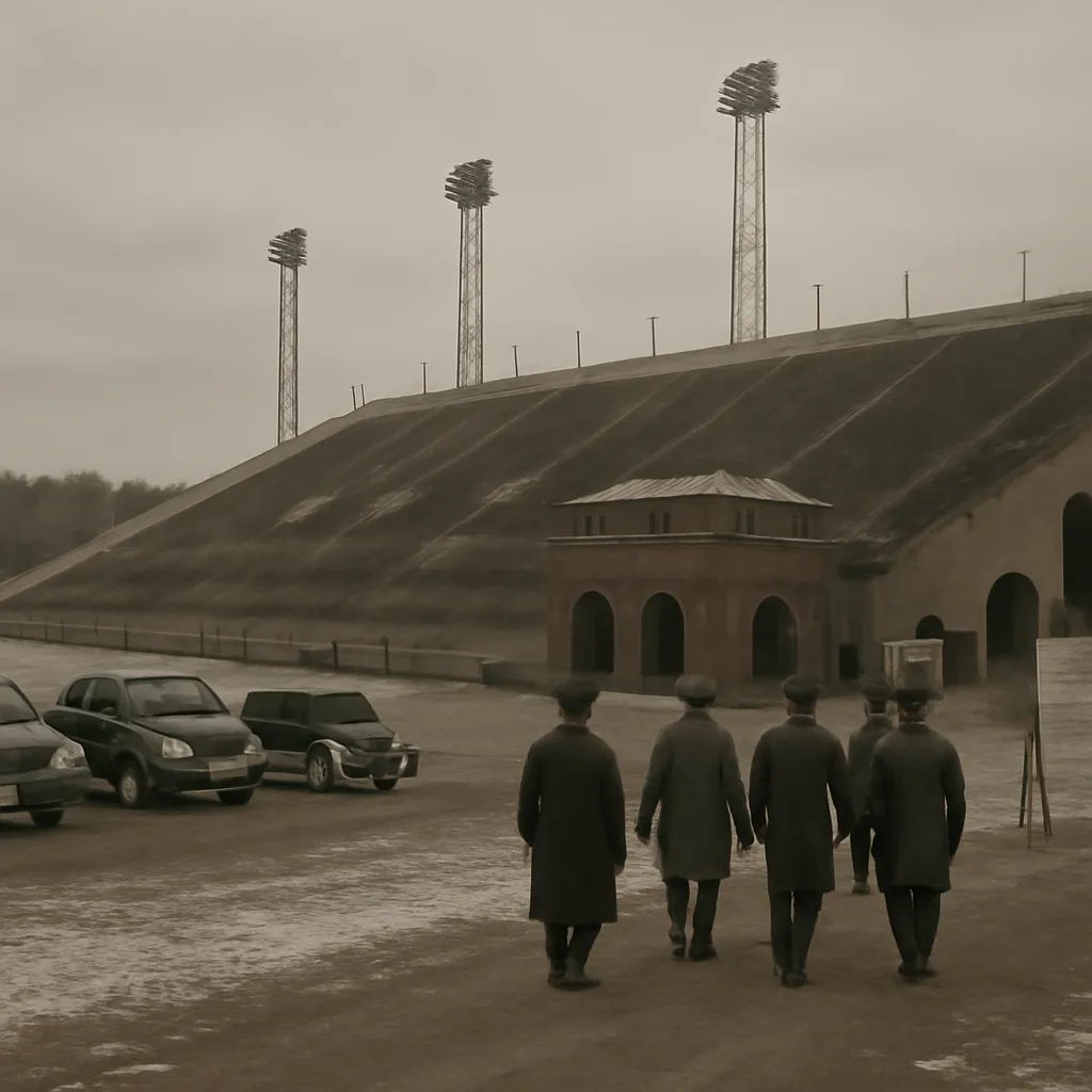 Historic photograph-style scene of Duke University's Wallace Wade Stadium in 1940s style, empty stands and early winter light, with banners and period cars in the parking area.