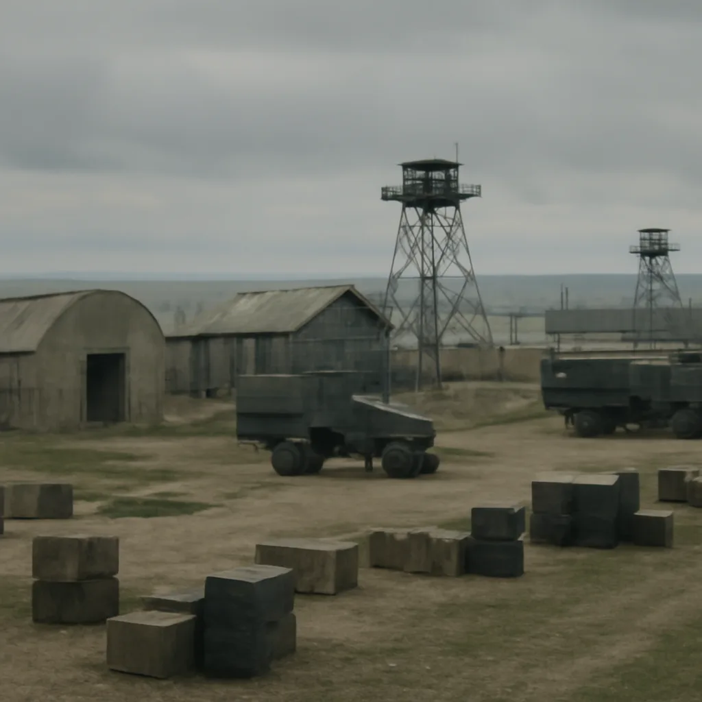 Historic military testing site with weathered buildings and empty vehicles at a coastal proving ground, circa Cold War era; cloudy sky, fenced perimeter, no identifiable individuals.