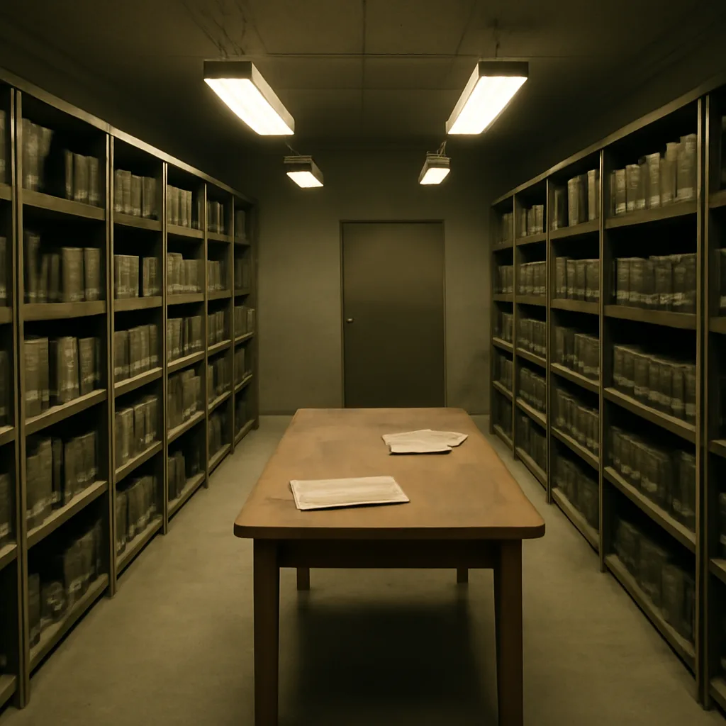 Interior of a 1980s military laboratory storage room with metal shelving, labeled sealed canisters and instrumentation cases; fluorescent lighting and a clipboard on a table.