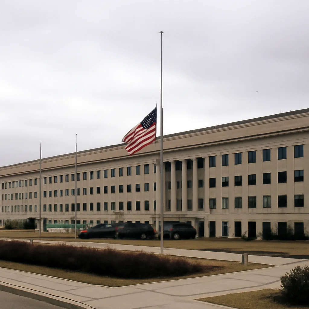 U.S. Department of Defense headquarters exterior at dusk; American flag visible, conveying a government setting tied to national security.