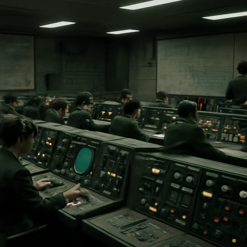 Cold War-era military command center with rows of consoles, maps on the wall, and a tense atmosphere of officers monitoring communications.
