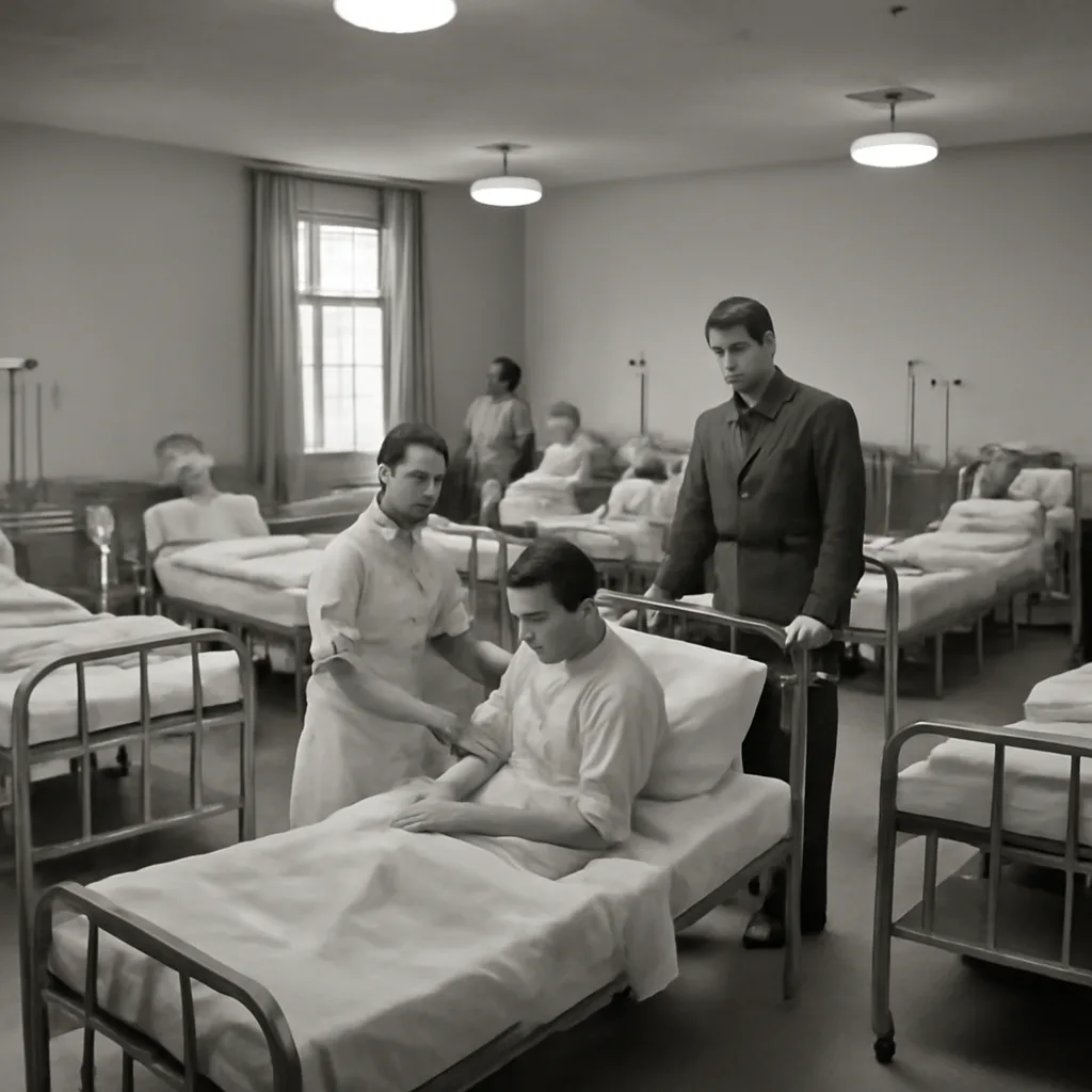 Black-and-white archival hospital ward showing mid-20th-century medical beds and patients receiving treatment; clinicians in period uniforms and monitoring equipment consistent with 1950s medical settings.