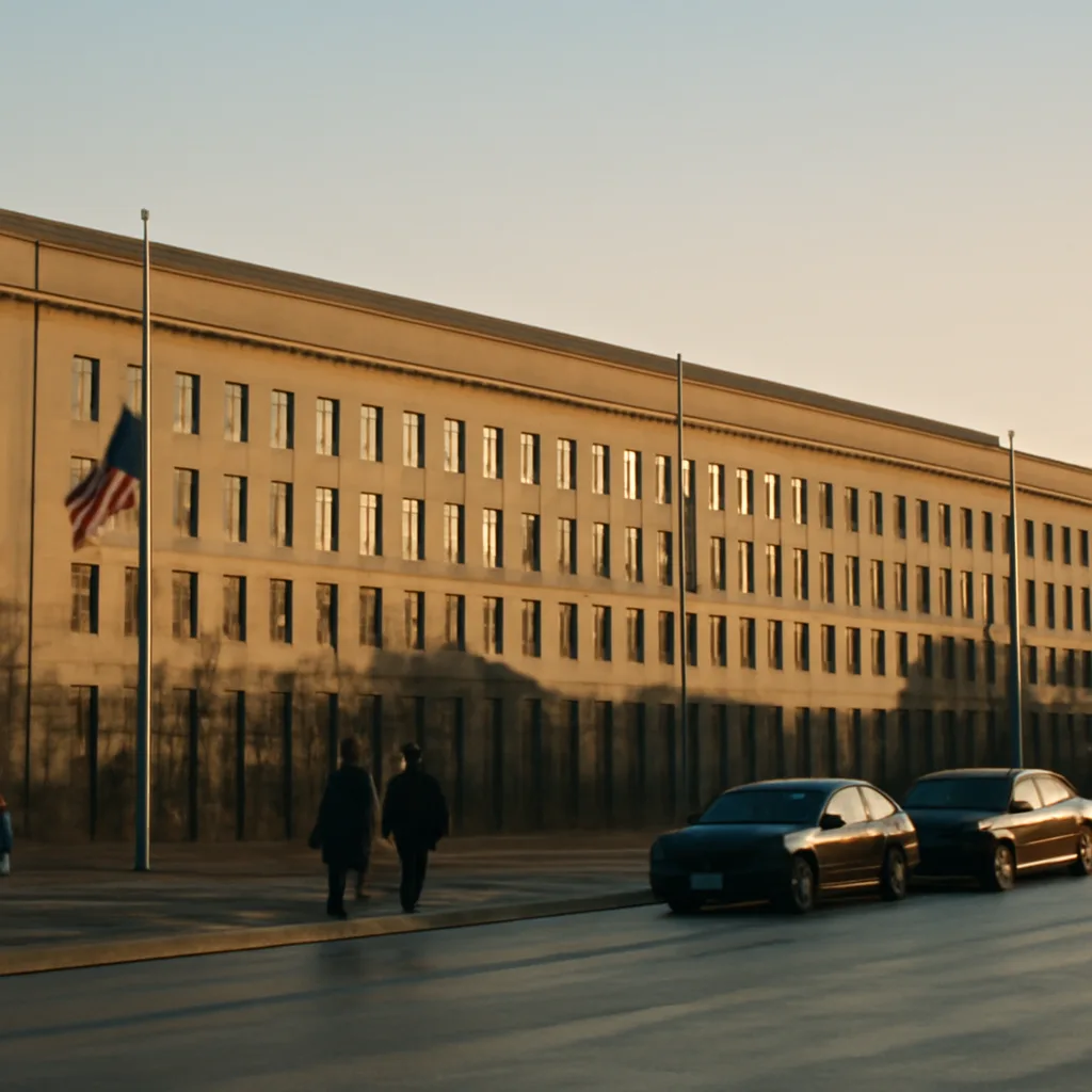 Exterior of the Pentagon building at dusk with flagpoles and subdued lighting; atmosphere suggests official gravity and secrecy.