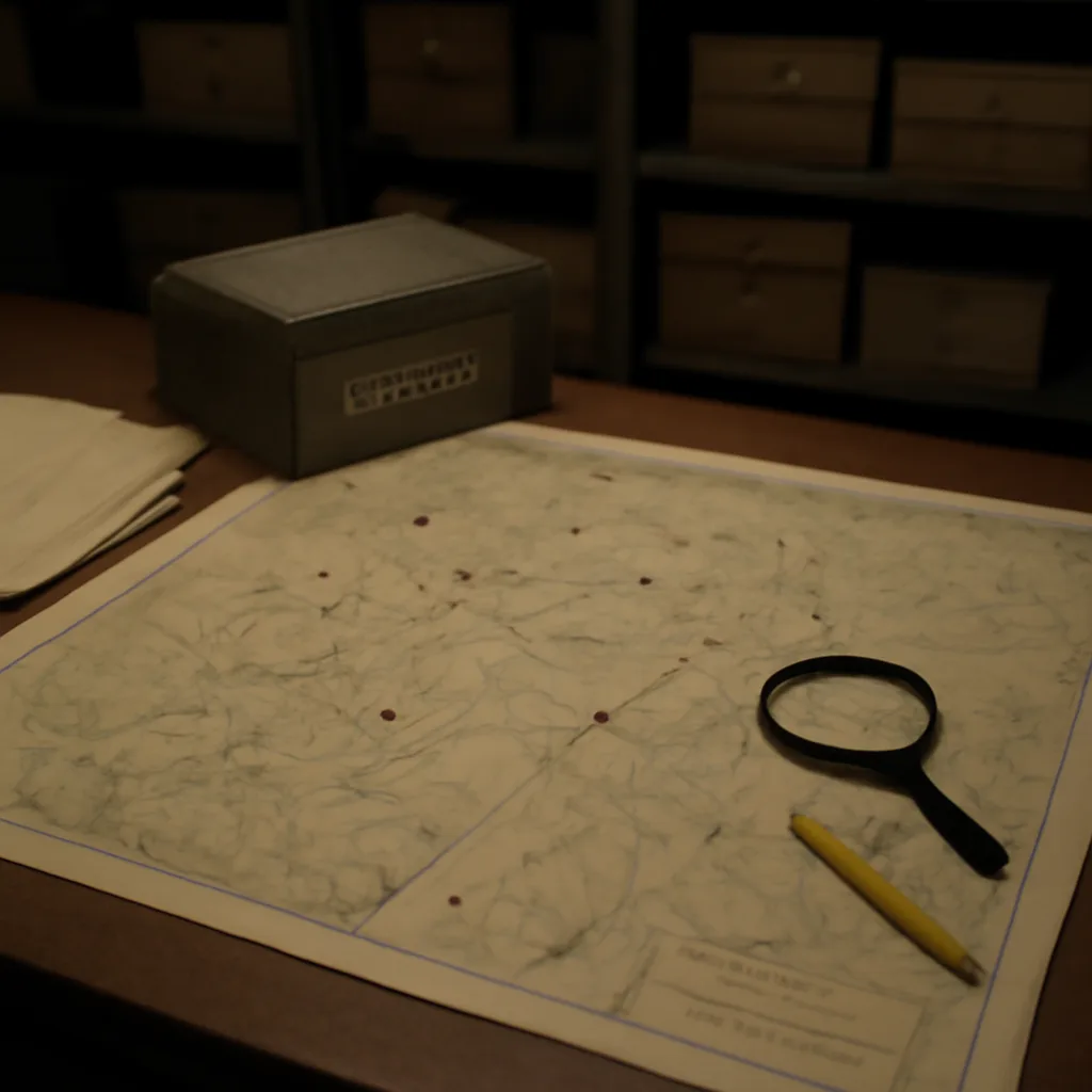 A topographic map spread on a table showing marked locations of Cold War-era bunkers and continuity-of-government sites, with a scale bar and grid lines visible.