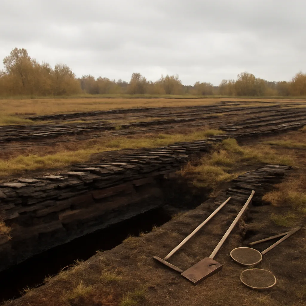 A peat bog landscape with cut peat banks and a shallow depression showing dark, waterlogged peat; nets, shovels and wooden turf-cutting tools lie nearby.