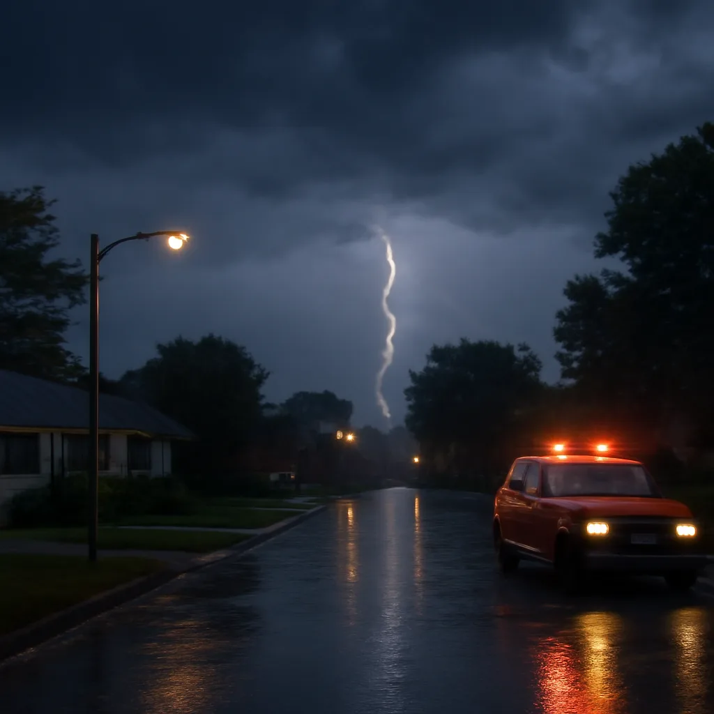 A suburban street under dark storm clouds with lightning in the distance and an emergency vehicle parked with lights on; no identifiable faces visible.