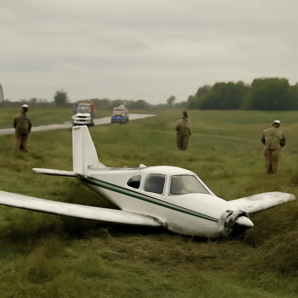 Single-engine small airplane resting in a grassy rural field after a crash, emergency vehicle lights visible at a distance and responders securing the scene.