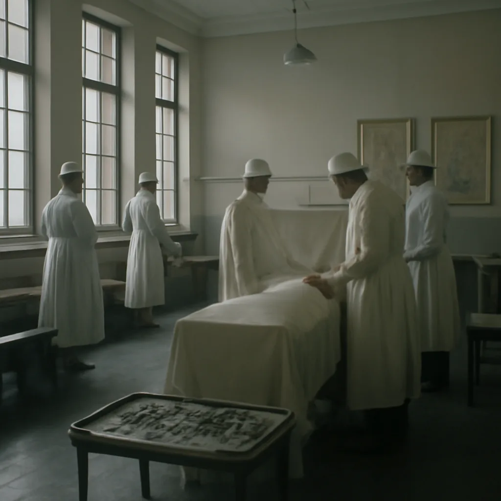 Early 20th-century hospital ward with medical staff attending to a patient and surgical instruments on a tray; period-appropriate uniforms and equipment, no identifiable faces.